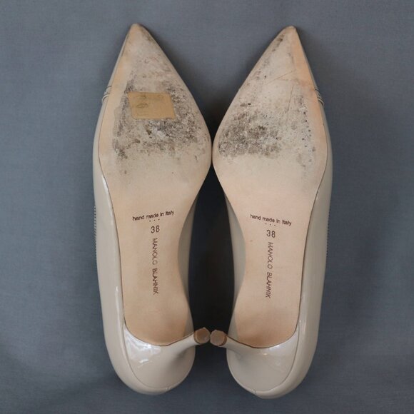 Manolo Blahnik 38 Quitohi Patent Nude Tan Point Toe Heels Perforated Laser Cut - Picture 13 of 16